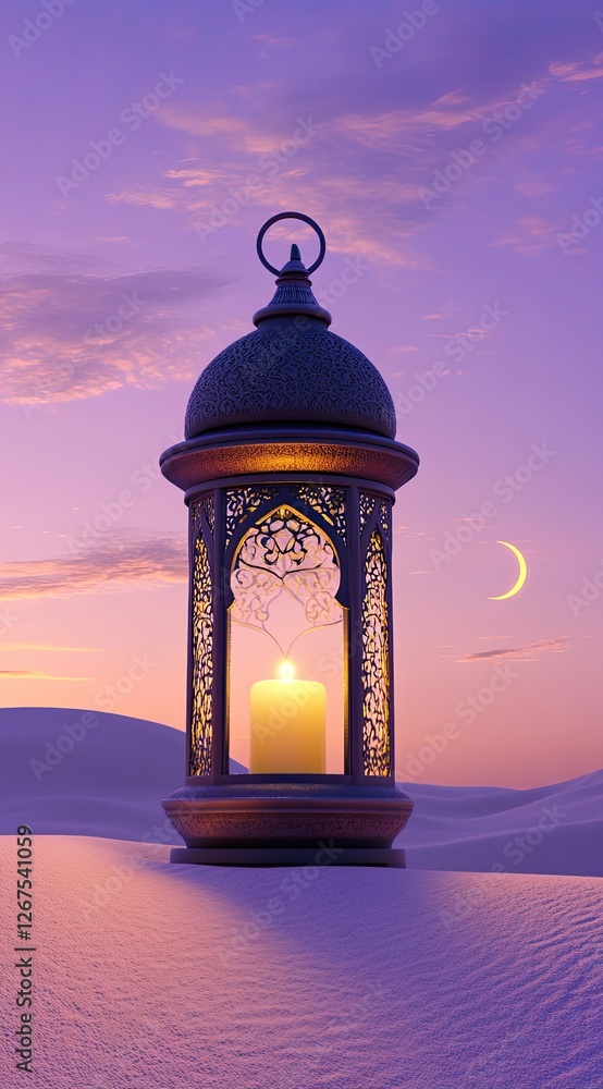 Ornamental lantern, glowing candle, desert dusk, crescent moon Ornamental lantern, glowing candle, desert dusk, crescent moon
