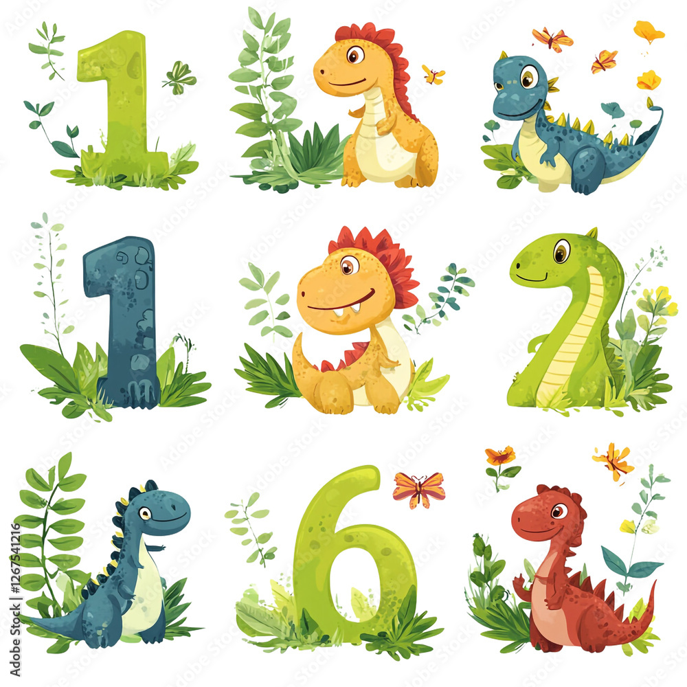Obraz premium Adorable Dinosaurs and Numbers Playful Jungle Scene Happy Colors