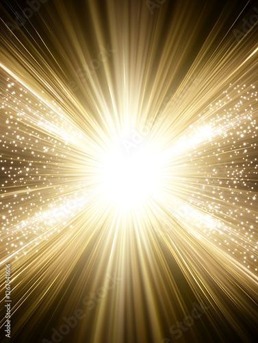 Golden light bursts outward, radiating bright beams and a shower of glittering particles into the surrounding dark space.