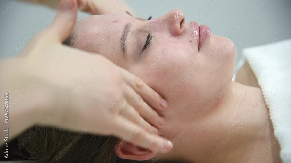 face massage, young attractive caucasian woman, beautiful relaxed lady with problem skin and red inflammations, white towel, spa therapist doing facial massage in beauty salon, skincare concept face massage, young attractive caucasian woman, beautiful relaxed lady with problem skin and red inflammations, white towel, spa therapist doing facial massage in beauty salon, skincare concept