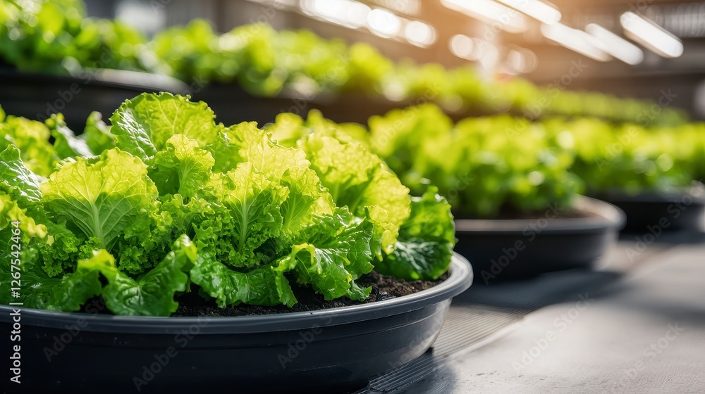 Fresh green lettuce growing in well-organized rows under artificial lighting, showcasing vibrant leaves and healthy foliage. Fresh green lettuce growing in well-organized rows under artificial lighting, showcasing vibrant leaves and healthy foliage.