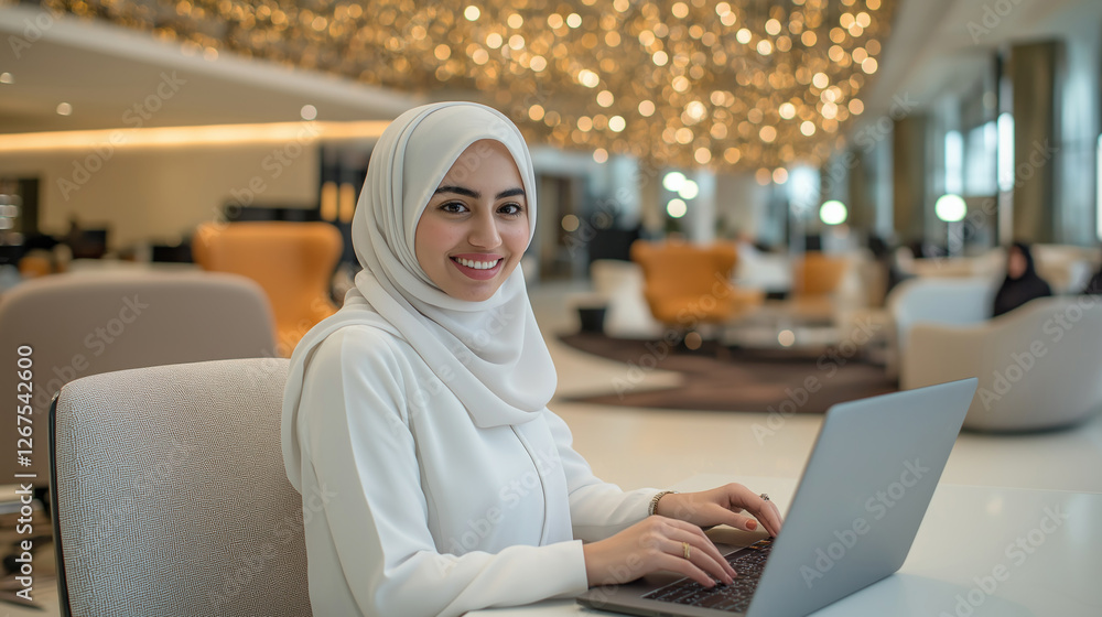 A successful Arab woman in a white hijab smiles while working on her laptop, surrounded by warm, inviting lighting in a contemporary cafe setting. Her confidence radiates, showcasing dedication A successful Arab woman in a white hijab smiles while working on her laptop, surrounded by warm, inviting lighting in a contemporary cafe setting. Her confidence radiates, showcasing dedication