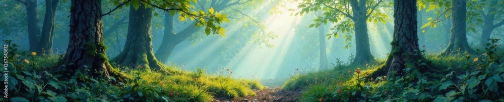 Fototapeta premium Watercolor texture overlay on a misty forest floor, fog, forest, landscape