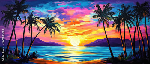 Tropical Beach Sunset with Tall Palm Trees and Vibrant Sky Reflected on Calm Sea Water