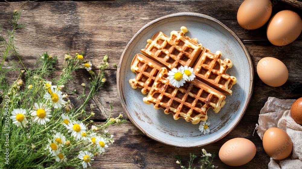 Fototapeta premium A warm, inviting kitchen setting with carrot cake waffles served on a weathered wooden plate, accompanied by fresh farm eggs and a bouquet of wildflowers