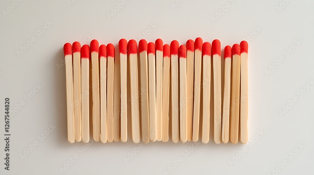 An illustration of a minimalist set of symmetrically positioned, precisely aligned wooden matchsticks with bright red tips on a light background An illustration of a minimalist set of symmetrically positioned, precisely aligned wooden matchsticks with bright red tips on a light background
