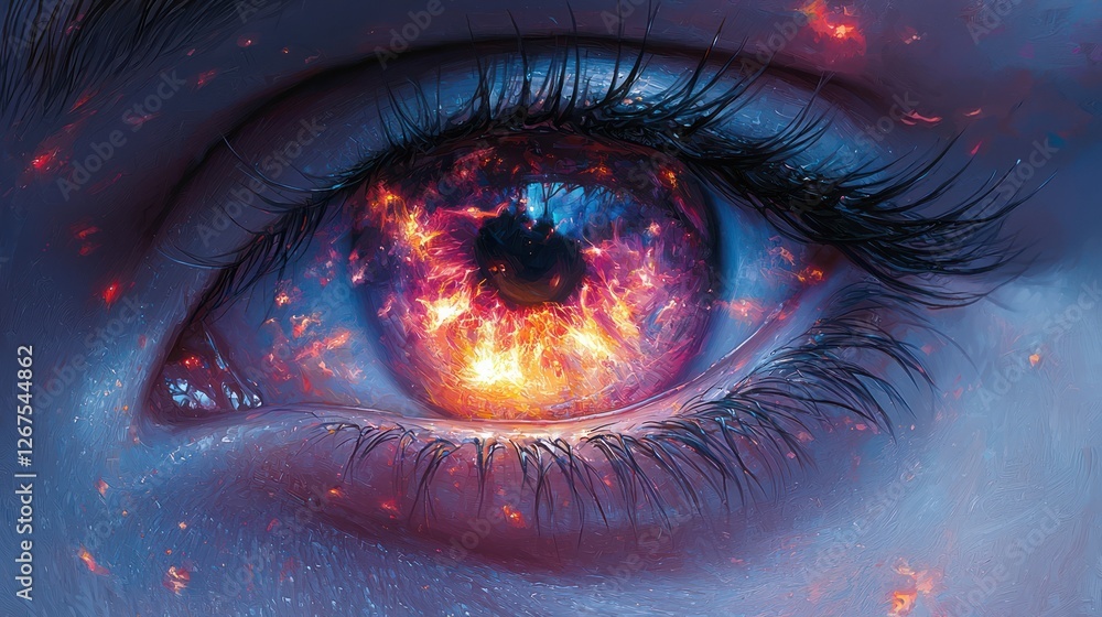 Obraz premium Fiery eye, close-up, fantasy art, cosmic background, for fantasy/sci-fi