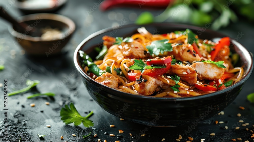 Stir-fried noodles with chicken, asparagus, pepper, sesame seeds, and soy sauce on dark concrete background Stir-fried noodles with chicken, asparagus, pepper, sesame seeds, and soy sauce on dark concrete background