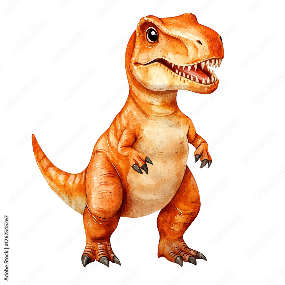 Naklejka premium Adorable orange T-Rex dinosaur watercolor illustration cute prehistoric creature