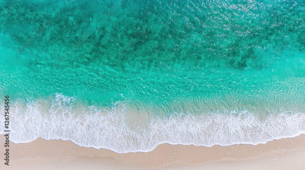 Obraz premium Aerial View of Crystal Clear Turquoise Ocean Waves Gently Rolling onto Golden Sandy Beach Under Bright Summer Sunlight in Tropical Paradise