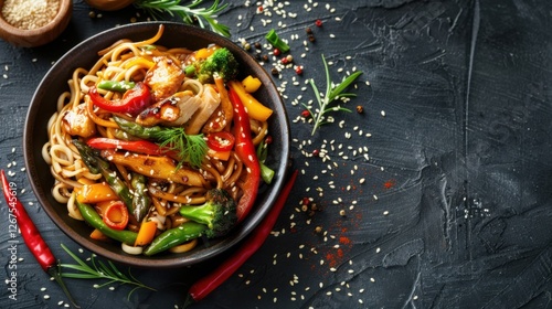 Stir-fried noodles with chicken, asparagus, pepper, sesame seeds, and soy sauce on dark concrete background