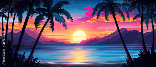 Tropical Sunset Beach View with Tall Palm Trees and Colorful Sky Reflecting on Calm Sea Water