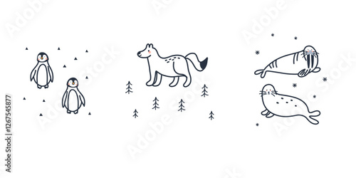 Arctic animal. Penguin, fox and walrus. Northern cute inhabitant. Character in snow forest line. T-shirt print card or poster. Childish and baby outline cute cartoon flat isolated north wildlife fauna