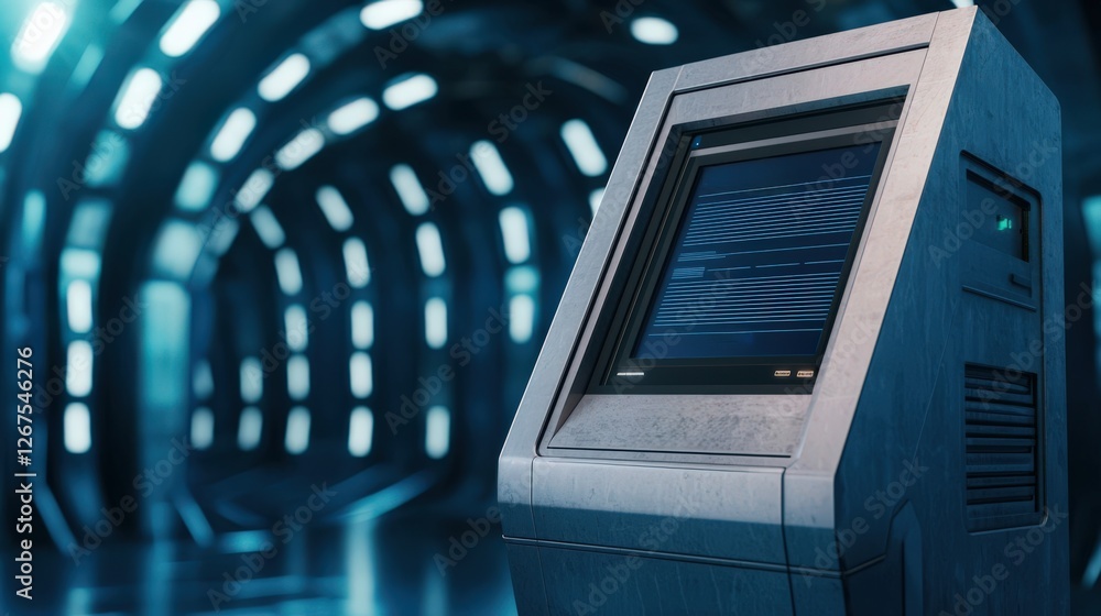 Obraz premium Sustainable Transport public smart concept. Futuristic kiosk in a sleek, illuminated environment.