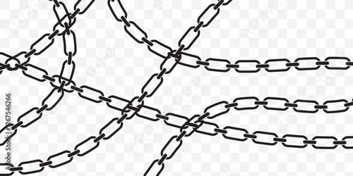 Abstract chain round frame. Black circle frames with chains patterns isolated transparent background. iron chain set from straight to curved. EPS 10.