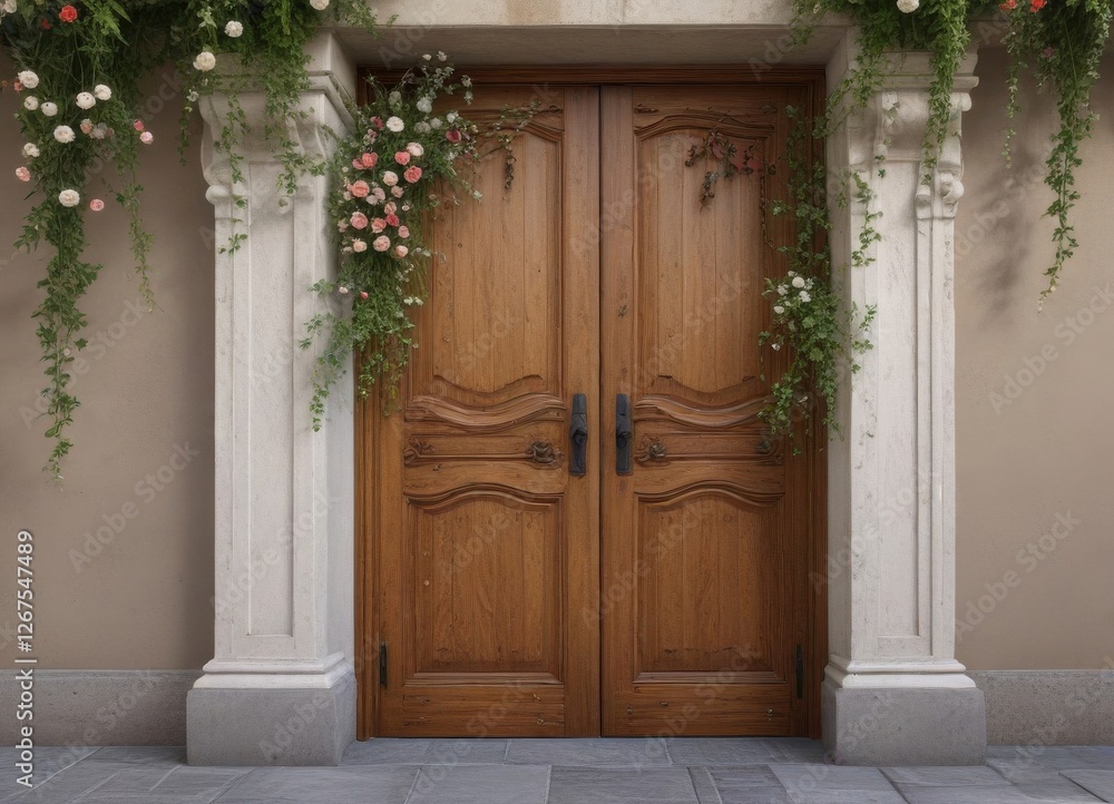 Fototapeta premium Wavy floral vines wrapping around wooden doors, doors, wood, decoration