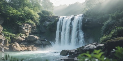 Serene Waterfall in Rocky Landscape with Soft Light