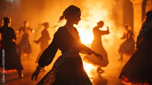 Women in traditional dresses dance in front of a massive fire, their silhouettes illuminated by the glowing flames. The scene captures movement, passion, and the energy of a ritualistic celebration