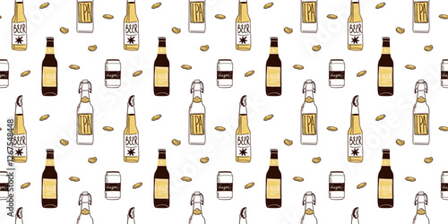 Beer seamless pattern. Bottle, glass and can. Alcohol beverages, ale, lager and ipa, craft brewery. Oktoberfest pub drinks. Decor textile, wrapping, wallpaper. Print for fabric. Vector background