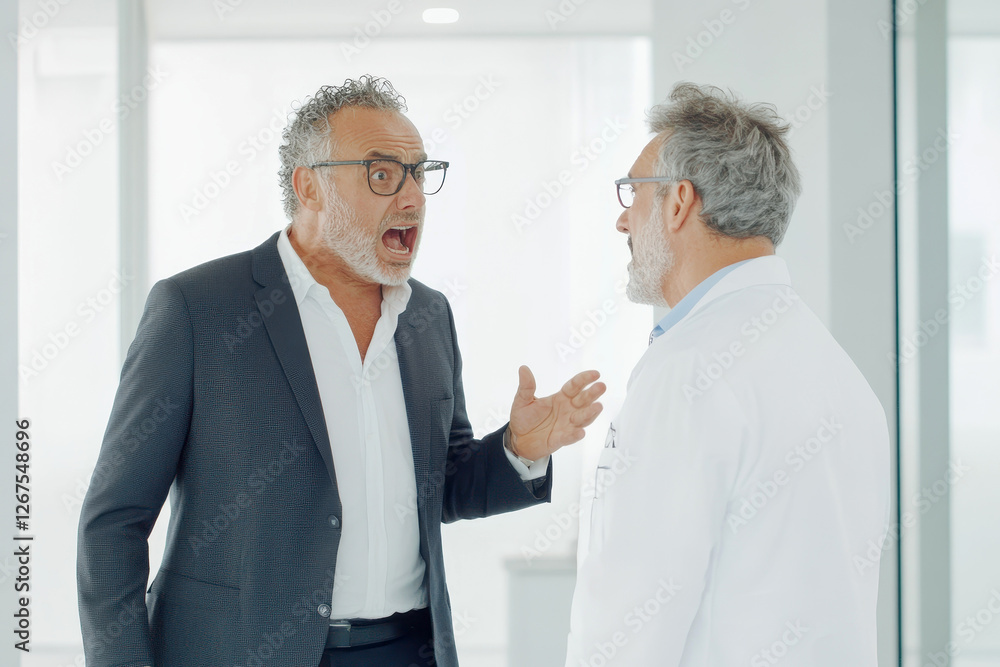 Angry businessman confronting doctor during a heated argument in a modern office Angry businessman confronting doctor during a heated argument in a modern office