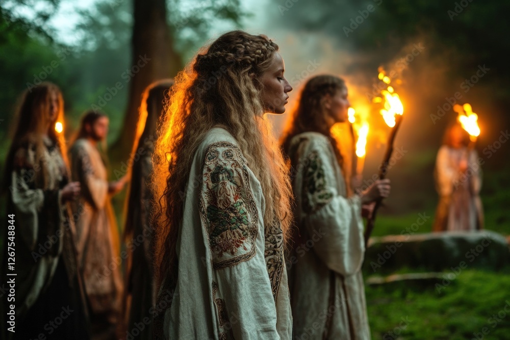 Naklejka premium A group of women in embroidered robes walks through a misty forest carrying torches in a sacred ritual