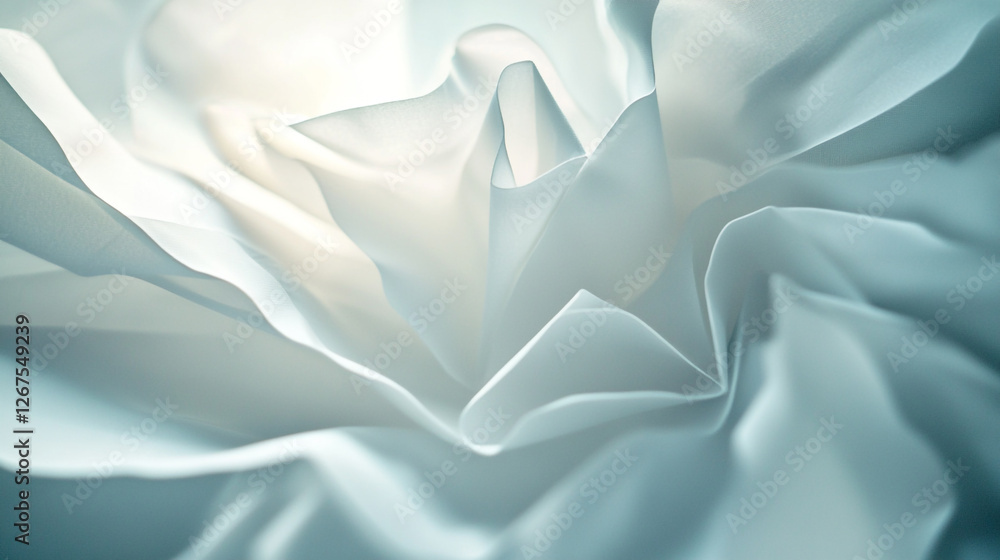 Delicate folds of white fabric create a dreamlike texture that resembles a soft flower blooming in sunlight Delicate folds of white fabric create a dreamlike texture that resembles a soft flower blooming in sunlight
