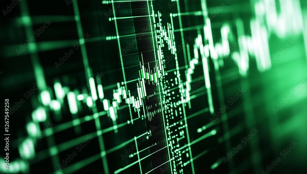 Obraz premium Financial market analysis displaying green stock trend patterns and data metrics during trading hours