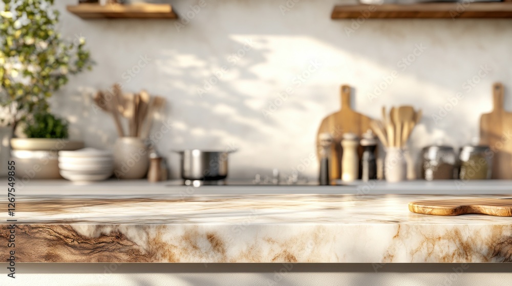 Fototapeta premium Stylish marble tabletop on wooden platform with copyspace for your logo at blurry kitchen utensils and dishes on light wall background. 3D rendering, mockup