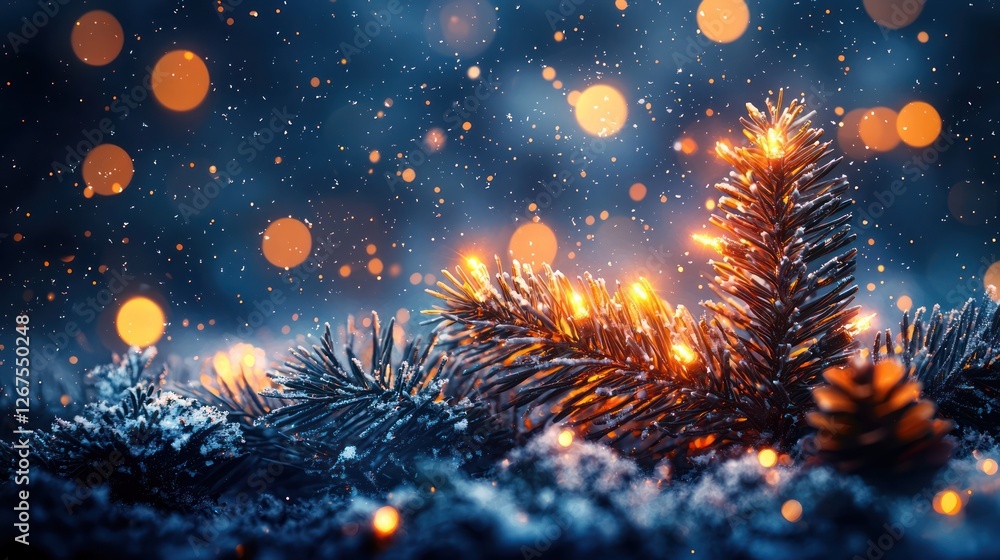 Fototapeta premium Illuminated pine branch in snowy night, bokeh background; winter holiday greeting card