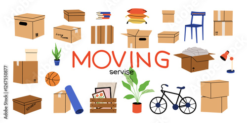 Cardboard boxes, interior things. Moving home service. Carton package with plant, bicycle and books. House relocation. Package heap and pile. Storage shipping cartoon flat isolated vector composition