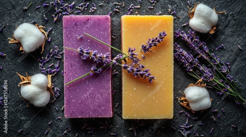 Lavender and Cotton Soap Bars on Dark Stone photo