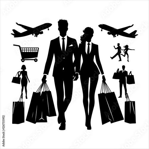
Shopping silhouette vector. silhouette vector icon. Holding shopping bag with man and woman silhouette illustration