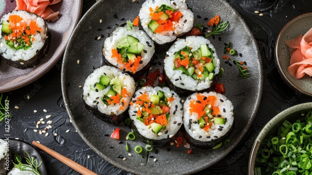 Vegetarian sushi rolls on a dark textured table, flat lay Vegetarian sushi rolls on a dark textured table, flat lay