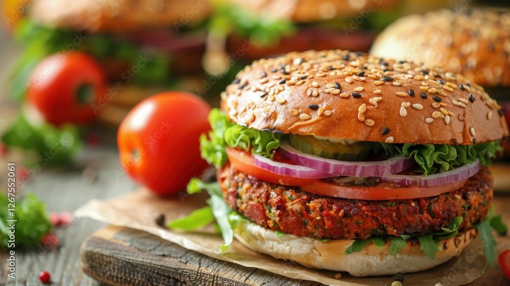 Veggie burger with avocado on a wooden table, white background Veggie burger with avocado on a wooden table, white background