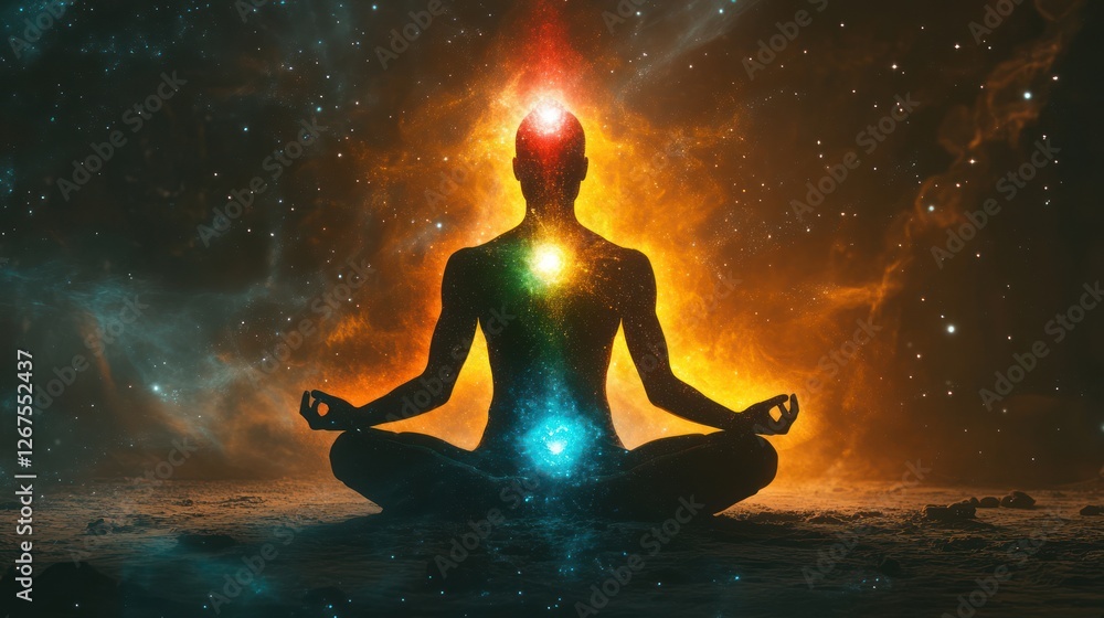 Meditating figure with chakras in cosmic space Meditating figure with chakras in cosmic space