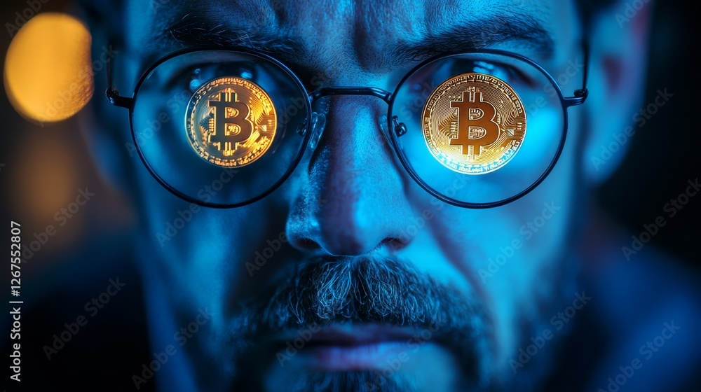 abstract portrait of adult man with bitcoin symbol on the lenses of the his glasses, cryptocurrency, investor abstract portrait of adult man with bitcoin symbol on the lenses of the his glasses, cryptocurrency, investor