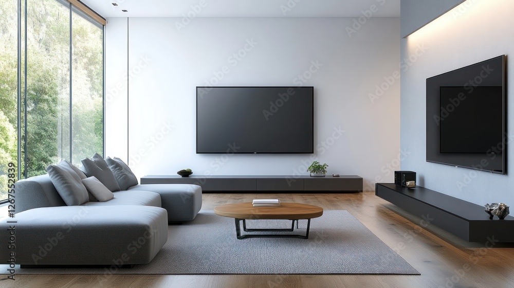 Modern living room with large windows and TVs, relaxing atmosphere Modern living room with large windows and TVs, relaxing atmosphere