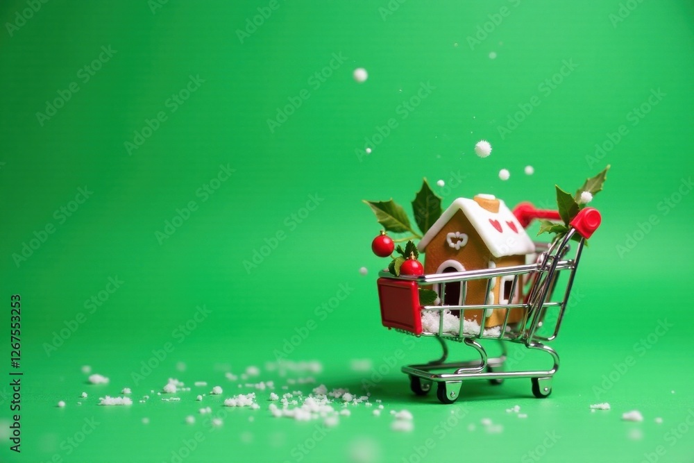 custom made wallpaper toronto digitalA miniature gingerbread house nestled in a tiny shopping cart, adorned with festive holly and surrounded by artificial snow against a vibrant green backdrop.