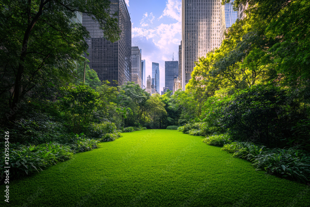 This stunning image captures a vibrant green landscape nestled between towering city skyscrapers, showcasing the harmonious blend of nature and urban life in a bustling metropolis. This stunning image captures a vibrant green landscape nestled between towering city skyscrapers, showcasing the harmonious blend of nature and urban life in a bustling metropolis.