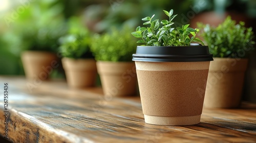 Plants, coffee cup, wooden table, cafe, nature, background blur,  eco-friendly, sustainable