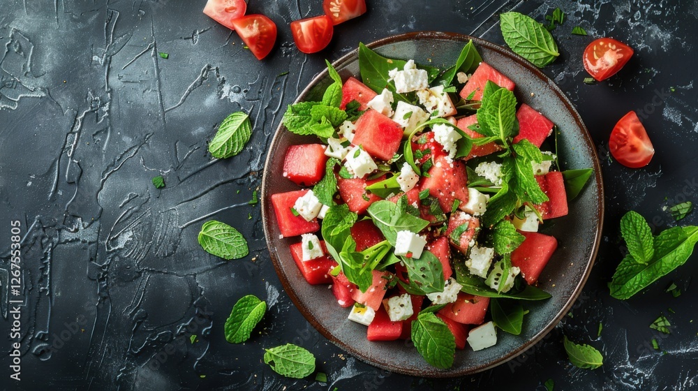 Watermelon and feta salad with mint on a dark textured table, flat lay Watermelon and feta salad with mint on a dark textured table, flat lay