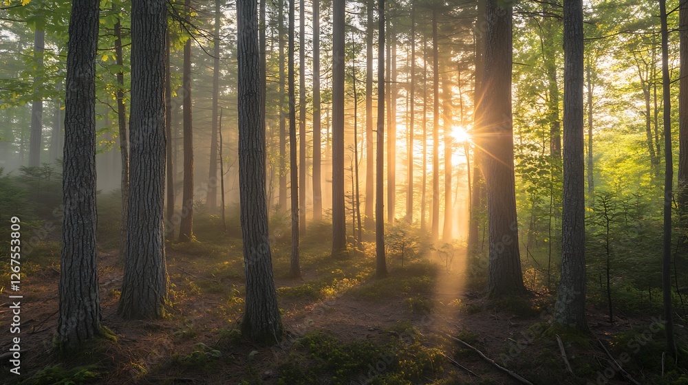 Fototapeta premium Sunlit Forest Path Morning Mist Golden Light Trees