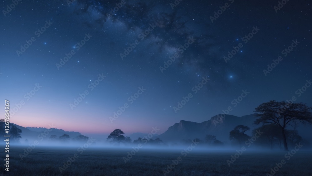 Serene and mystical landscape under starry night sky Serene and mystical landscape under starry night sky