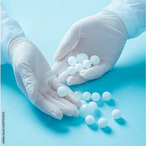Hands Placing White Spheres on Blue Background