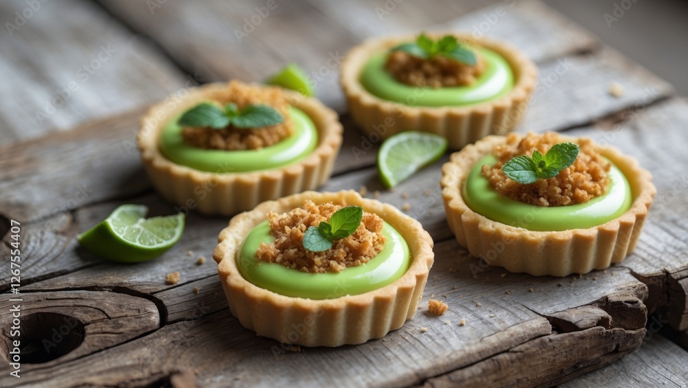 Delicious mini lime tarts with a creamy filling topped with crunchy crumble and fresh herbs on a wooden surface Delicious mini lime tarts with a creamy filling topped with crunchy crumble and fresh herbs on a wooden surface
