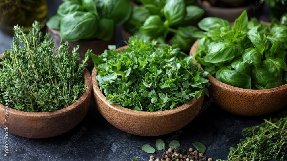 Fresh herbs in bowls, kitchen counter, cooking, healthy food, recipe ingredient Fresh herbs in bowls, kitchen counter, cooking, healthy food, recipe ingredient