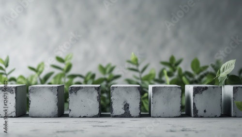 Concrete blocks arranged in a row with green foliage in the background and visible surface texture Copy Space photo