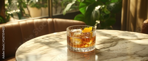Wallpaper Mural Whiskey cocktail on marble table, sunlit cafe Torontodigital.ca