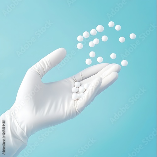 Hands Placing White Spheres on Blue Background