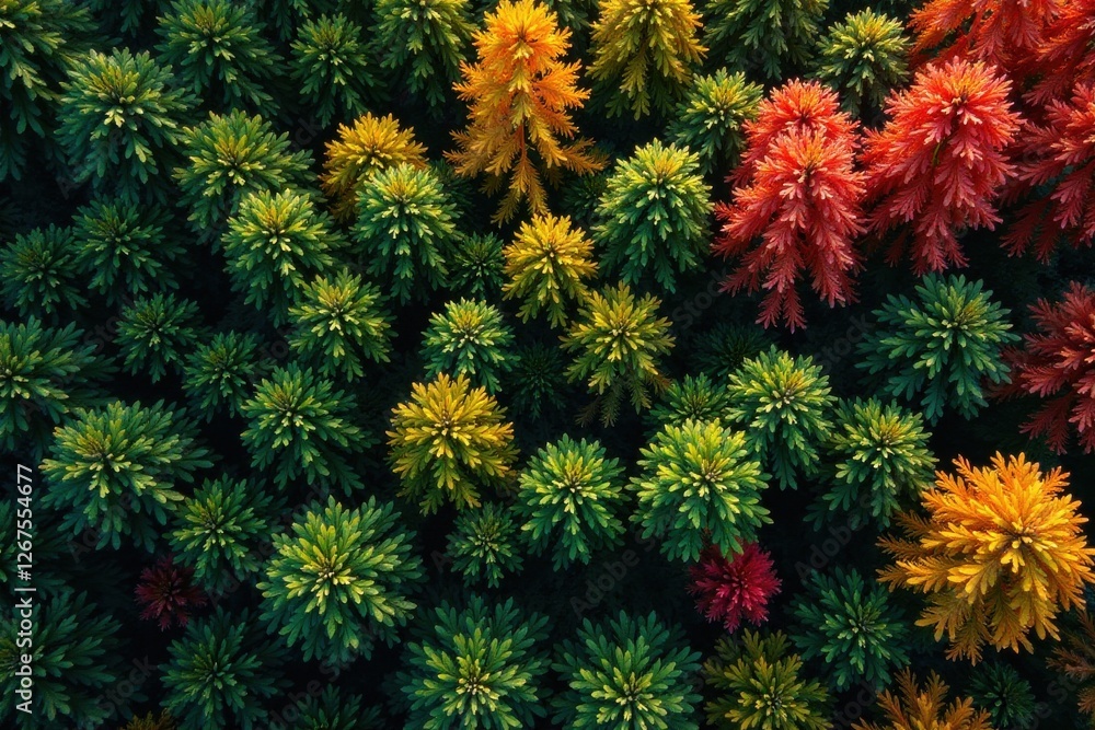 Aerial View of Vibrant Autumnal Foliage Displaying a Rich Tapestry of Green, Yellow, and Red Hues in a Lush Forest Canopy Aerial View of Vibrant Autumnal Foliage Displaying a Rich Tapestry of Green, Yellow, and Red Hues in a Lush Forest Canopy